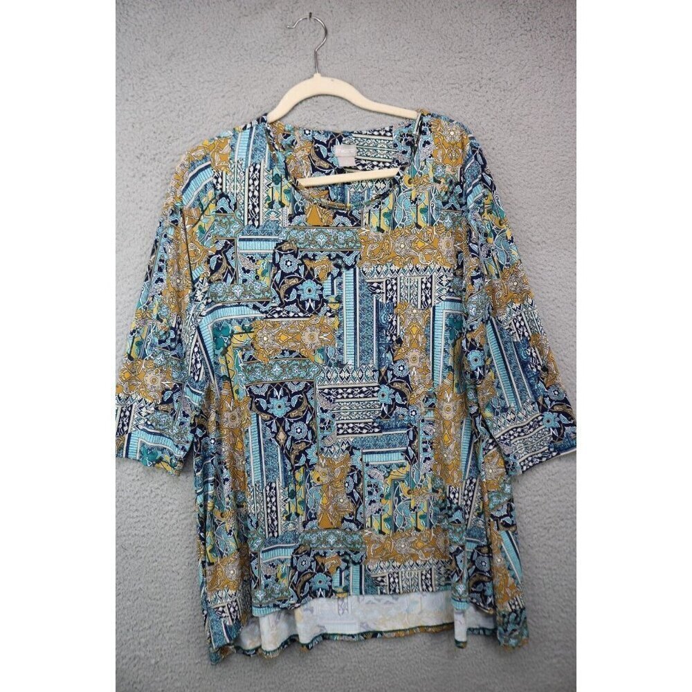 Chico's Hi-Lo 3/4 Sleeve Silky Floral Tunic-Size 2 or Large-Beaded Collar